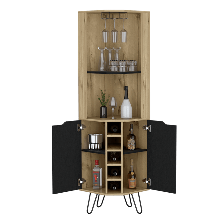 Bar Esquinero Cleo, Café Claro y Wengue, 2 Puertas con Con Espacio Para Porta Vasos y Botellas - VIRTUAL MUEBLES