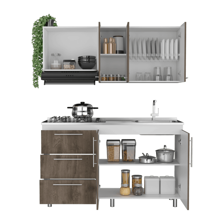 Cocina Integral Rubio, Blanco Duqueza y Nogal, Incluye Mesón Derecho - VIRTUAL MUEBLES