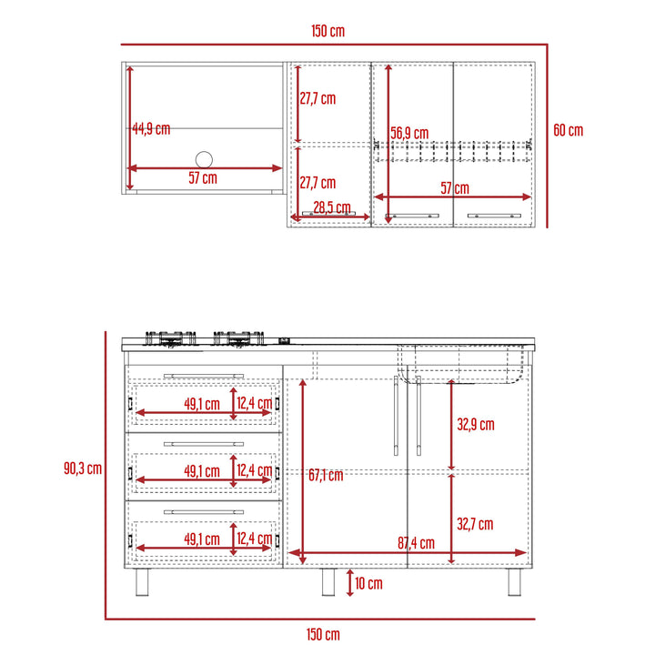 Cocina Integral Rubio, Blanco Duqueza y Nogal, Incluye Mesón Derecho - VIRTUAL MUEBLES