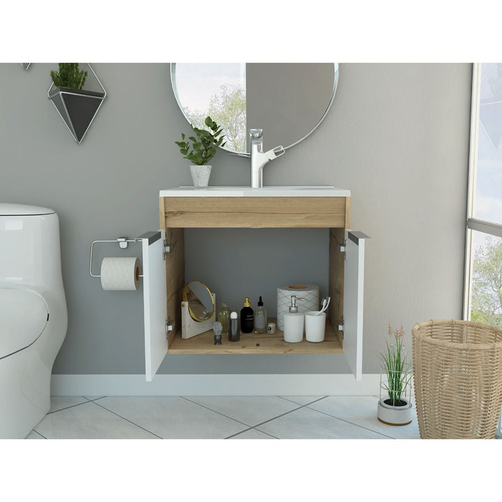 Mueble Lavamanos Burco color Café claro y Blanco para Baño.