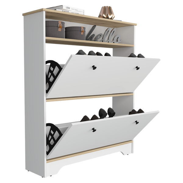 Zapatero Z-100, Blanco y Duna, con Dos Puertas Abatibles con Manijas Metálicas